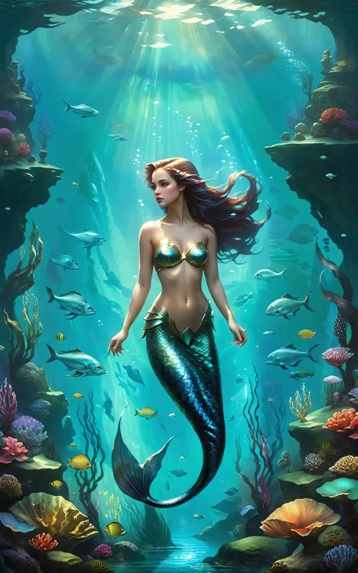 Prompt: breathtaking elegant mermaid painting with long flowy oversized fin, full body portrait by Tom Bagshaw, by Aleksi Briclot, by Guillermo del Toro, by Antonio J. Manzanedo, by Peter Mohrbacher, by John Atkinson Grimshaw, high quality, highly detailed, Striking, Stunning, breathtaking underwater masterpiece, school of fish.