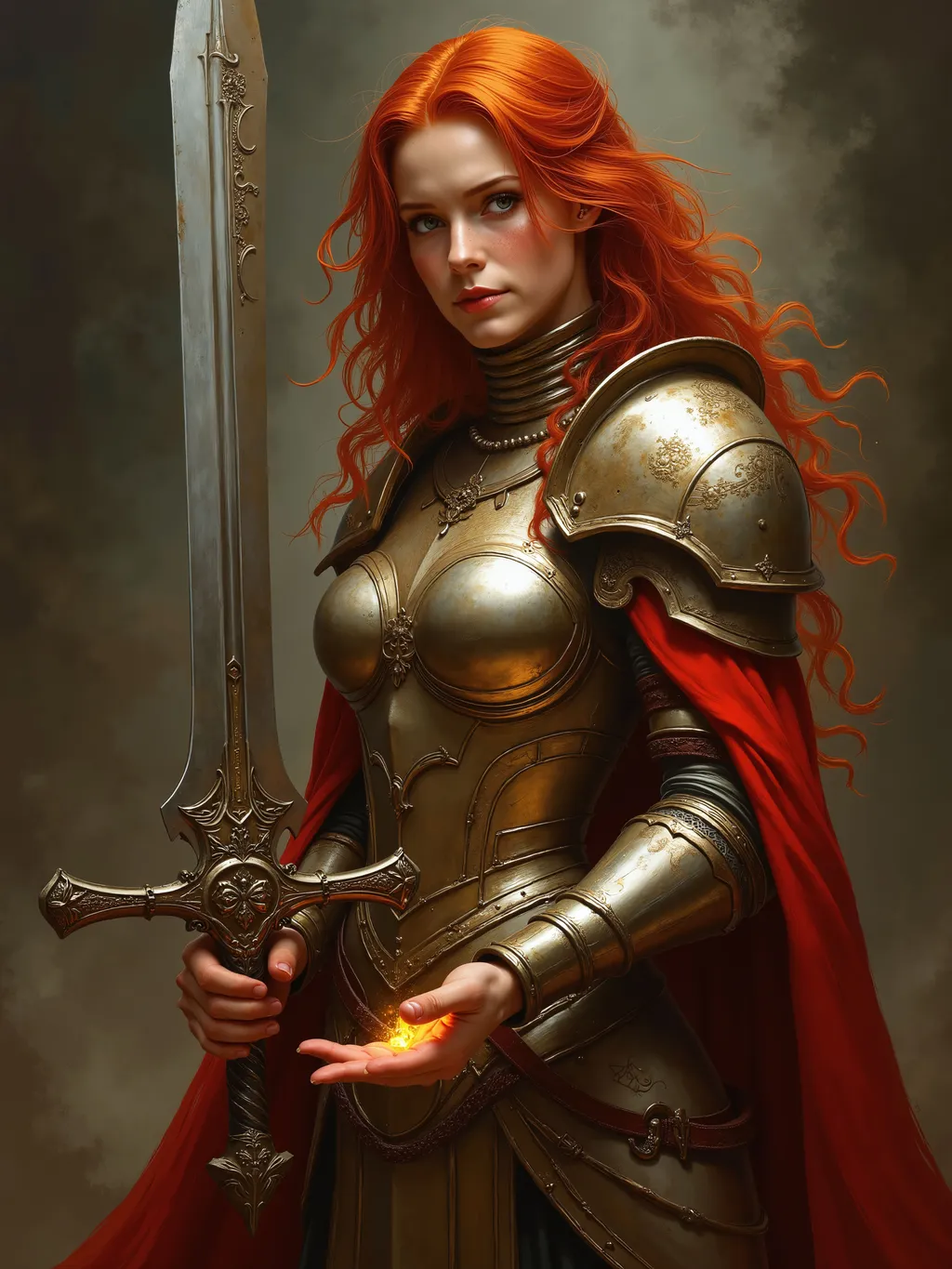 Prompt: breathtaking, dark fantasy, masterpiece, oil painting, 4k wallpaper, Dungeons and Dragons character, redhead, freckles, feminine female Paladin of Sune, shiny armor, holding a holy avenger sword, casting laying on hands, glowing outstretched hand.