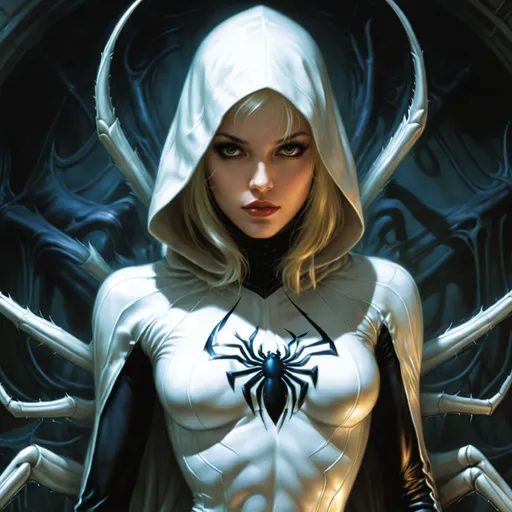 Prompt: Beautiful attractive heroine Gwendolyne Maxine "Gwen" Stacy, (Ghost-Spider), ((full body fantasy character concept art)), ((by Antonio J. Manzanedo)), ((by Gerald Brom)), ((by Giger)), wearing white hood, ((spider legs coming out of her back)), symmetrical, Beautiful Macabre, come-hither fem-fatal, spider-girl.
