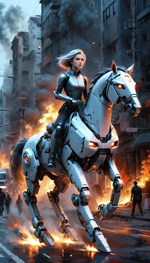 Prompt: Beautiful realistic Digital Painting attractive equestrian woman riding a ((robot horse)) down the  city street character concept art, breathtaking masterpiece, falling cinders and ash, hellfire, static electricity, cyberpunk, machine city.