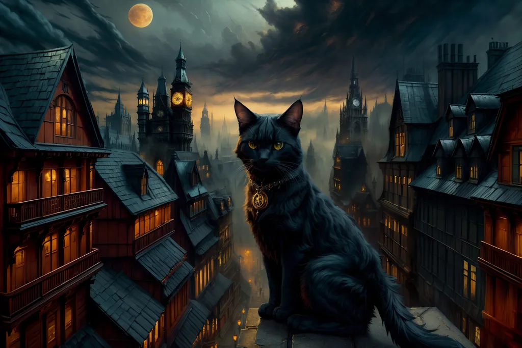 Prompt: black cat in fantasy noir feline concept splash art ((by Aleksi Briclot)), ((by Guillermo del Toro)), ((by Bastien L. Deharme)), ((by Antonio J. Manzanedo)), ((by Jesper Ejsing)), ((by John Atkinson Grimshaw)), ((high-quality)) ((high-detail)) ((highly-detailed)) ((exquisite)) ((minute detail)), ((photorealistic)), ((4k UHD Wallpaper)), ((breathtaking)) ((masterpiece)) close-up full-body, perched atop railing with tail dangling over the edge, overlooking the street below, tall buildings, ancient architecture, dangerous heights.