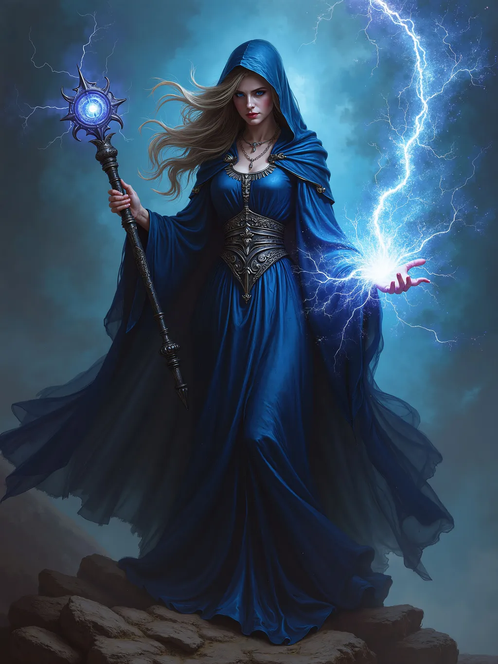 Prompt: breathtaking, dark fantasy, masterpiece, oil painting, 4k wallpaper, Dungeons and Dragons character, female Mage, Mystra, goddess of magic, magic robe, holding a staff of power, casting a powerful spell, static electricity.