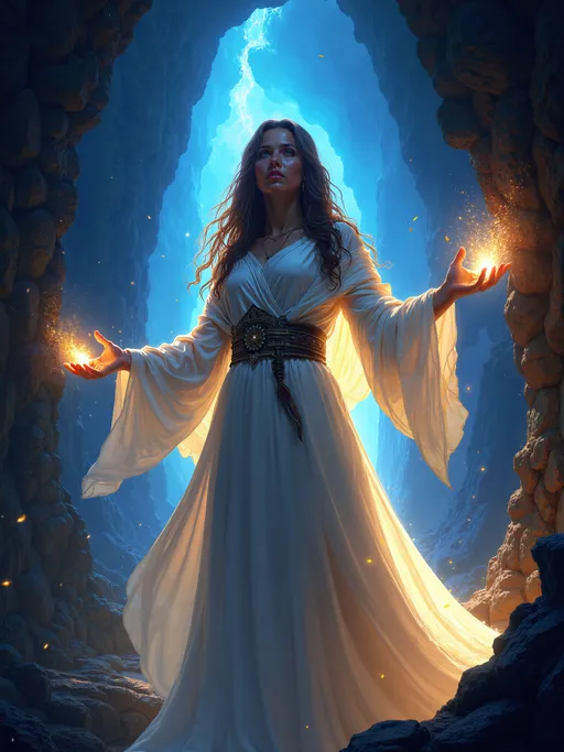 Prompt: breathtaking realistic fantasy Enchantress character artwork, dark fantasy painting, Dungeons & Dragons characters, 4k wallpaper, hands outstretched, enchanter casting a light spell, mage's magic robes, lighting the way, in dark catacombs, in the darkness.