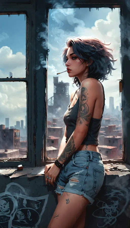 Prompt: Authentic dark gritty female Character portrait, somber character concept art, (wearing distressed jean shorts and tank top smoking a cigarette), full body, taking a moment to looking out the window with a view of a dystopian city, edgy tattoos, hard life, hopeful, emotional eyes.