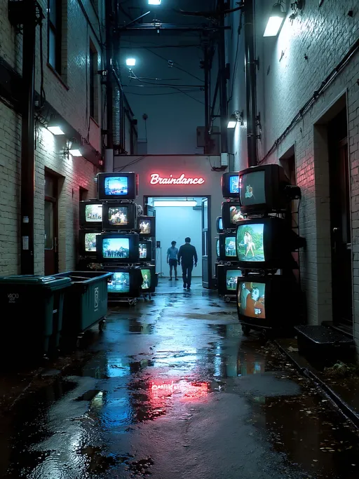 Prompt: breathtaking dark moody cinematic image, big stack of TVs in an alley, open door into some strange 1990's people lined up outside rave club entrance with a neon sign that says \"Braindance\", strange retro images on the screens, rainy cyberpunk alley, trashcans, dumpster, high-definition Japanese 1035i Analog HiVision Laser Disc.