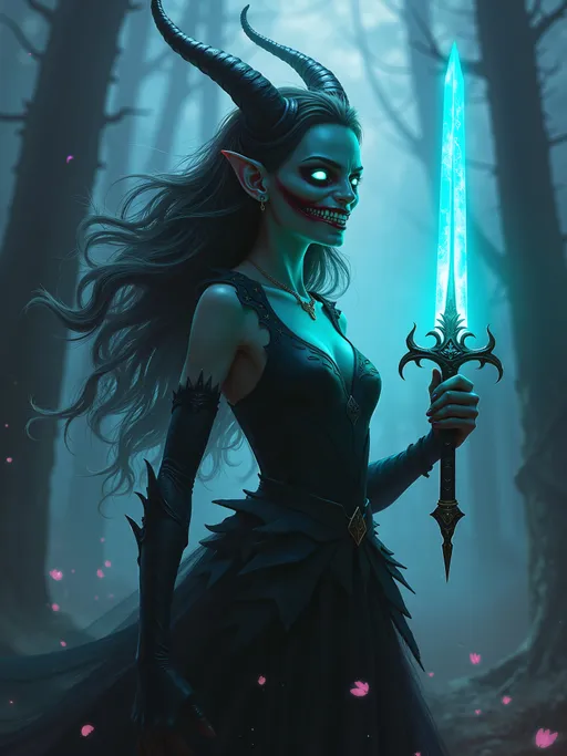 Prompt: breathtaking, striking full body dark fantasy digital painting, strange anthropomorphic chthonic eldritch woman holding a glowing dagger in her hand, odd, mischievous smile showing her teeth, fine art masterpiece, full body dark fantasy character portrait, invokes an emotional response, captivating, riveting, glowing atmospheric hazy ambience.