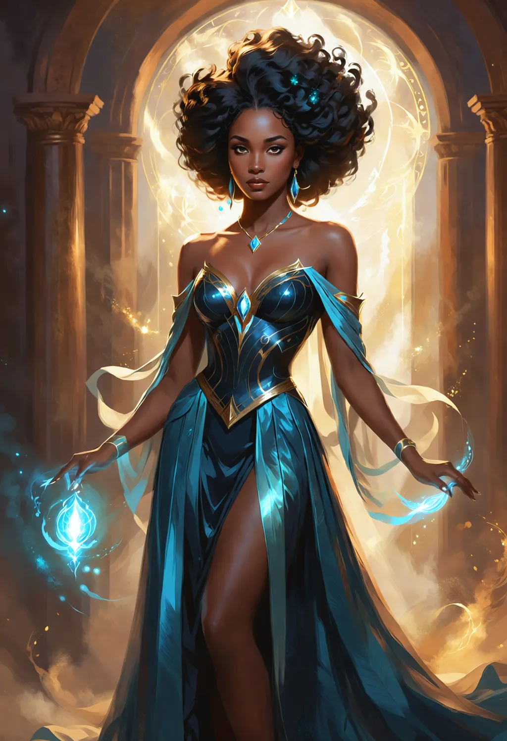 Prompt: ((character concept art digital painting)) of extremely attractive fierce black goddess historical romance character, wearing a glowing magic gown, dreamy, fantastical, splendid, wonderful.