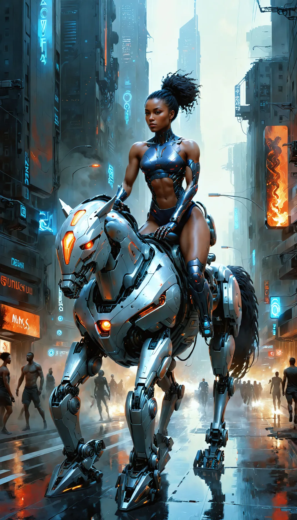 Prompt: Beautiful realistic breathtaking masterpiece Digital Painting of attractive female African American equestrian bodybuilder ((riding a cybernetic robot horse)) down the city street full body character concept art by Zdzislaw Beksinski, by Wayne Barlowe, by Dariusz Zawadzki, by Aleksi Briclot, by Antonio J. Manzanedo, by Peter Mohrbacher, by Jeremy Mann, falling cinders and ash, hellfire, static electricity, cyberpunk, machine city, afro puff, toned body.