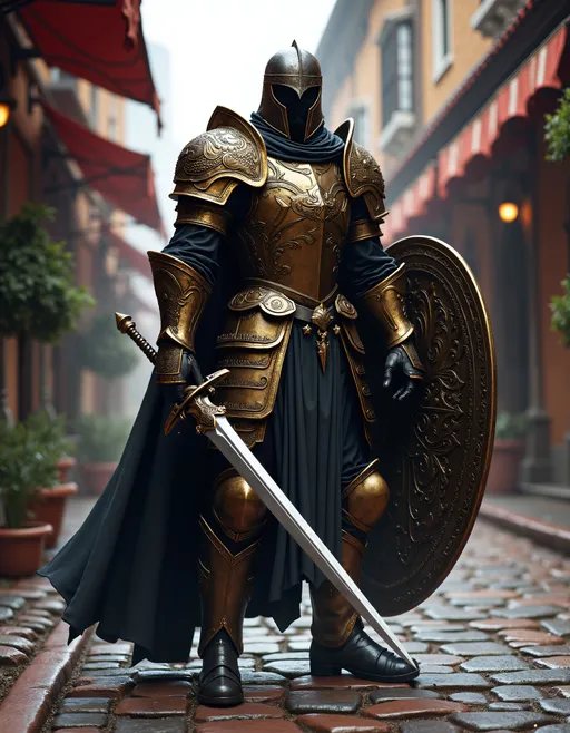 Prompt: stylized, dark fantasy, dark gritty masterpiece, realistic character artwork, adventurer holding a sword and shield, cobblestone street, full body, standing, intricate Armor plating, gold, earth tones