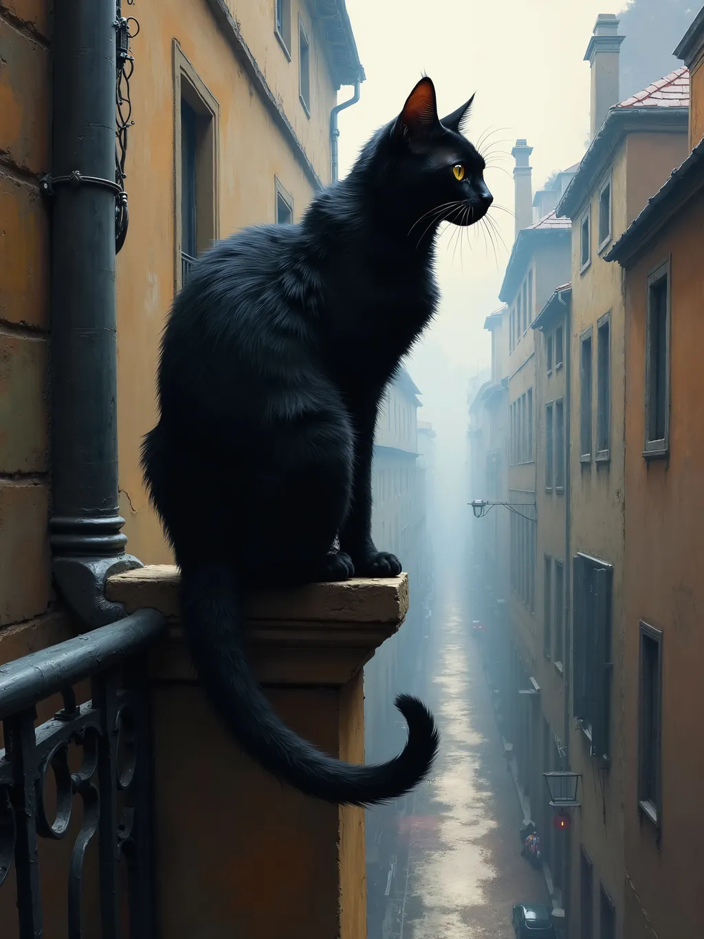 Prompt: black cat, fantasy noir, feline concept splash art, exquisite fantasy oil painting masterpiece, dramatic dark fantasy, breathtaking, perched atop railing with tail dangling over the edge, overlooking the street below, tall buildings, ancient architecture, dangerous heights.