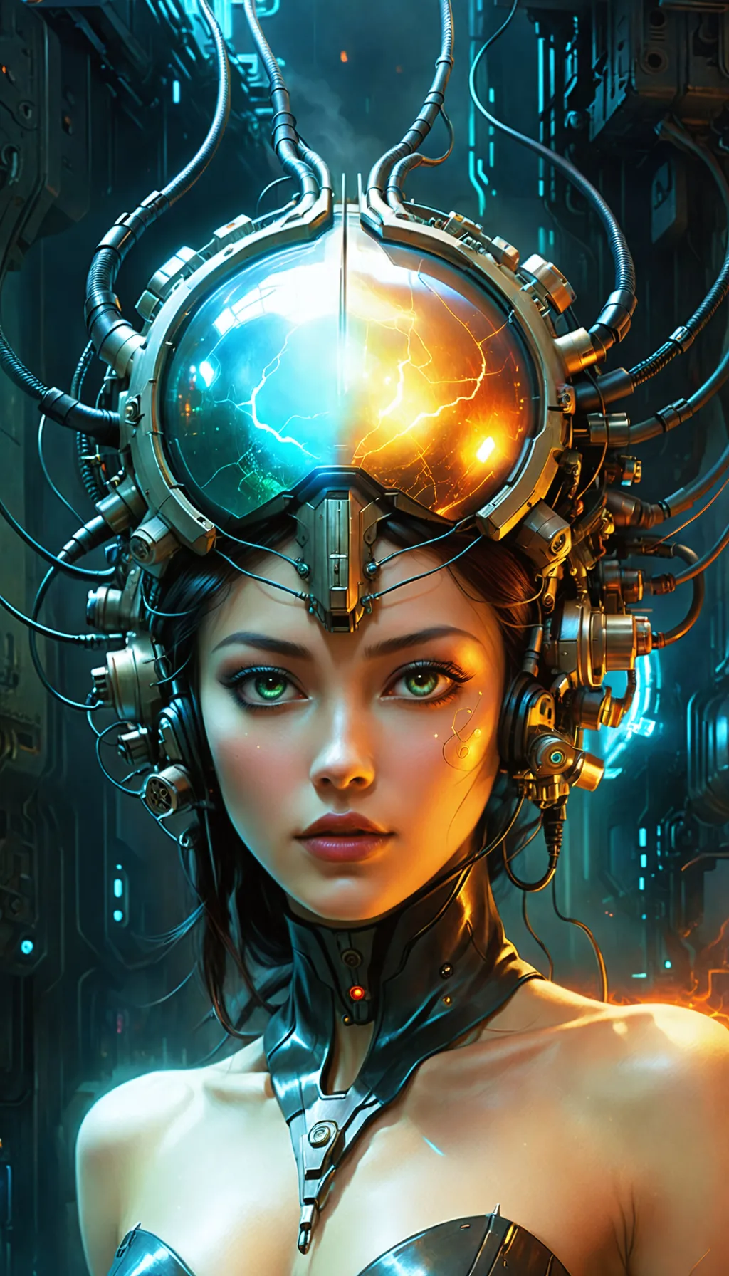 Prompt: Beautiful female close up, breathtaking masterpiece, feminine interdimensional eldritch being in machine city with many wires coming from her head, by Zdzislaw Beksinski, by Wayne Barlowe, by Dariusz Zawadzki, by Aleksi Briclot, by Antonio J. Manzanedo, by Peter Mohrbacher, by Jeremy Mann, (falling cinders and ash), (hellfire), (static electricity), (cyberpunk), (steampunk), (dieselpunk), screens, holograms.