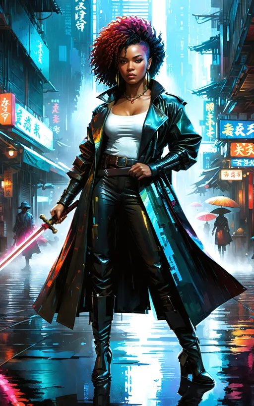 Prompt: striking digital art of Black female character (holding a big Japanese Ōdach Katana sword) concept art ((by Antonio J. Manzanedo and Aleksi Briclot and Stephan Martinière and Paul Lehr)), armed lady full body portrait, colorful cyberpunk city, Rembrandt lighting, fro-hawk, raining, shiny reflections, puddles in the street, rainfall, aged leather trench coat, outside bar, food stalls, vendors, afro puff mow-hawk, voodoo girl, runed blade.