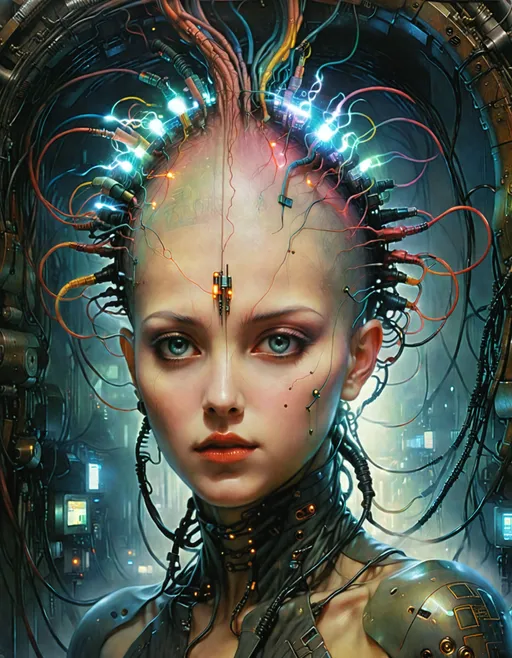 Prompt: strikingly strangely attractive ((shaved head)) surreal ((distorted faded 1980's artwork)) female close up with a plugs in her head in the shape of a Mohawk, breathtaking masterpiece, feminine interdimensional eldritch being in machine city with many wires coming from her head, by Zdzislaw Beksinski, by Wayne Barlowe, by Dariusz Zawadzki, by Aleksi Briclot, by Antonio J. Manzanedo, by Peter Mohrbacher, by Jeremy Mann, (static electricity), (cyberpunk), (steampunk), (dieselpunk), ((colorful screens)), ((Neuromancer)), giant super brain super computer human brain interface, ((plugs plugged into to her head)), wires sending information directly to the brain.