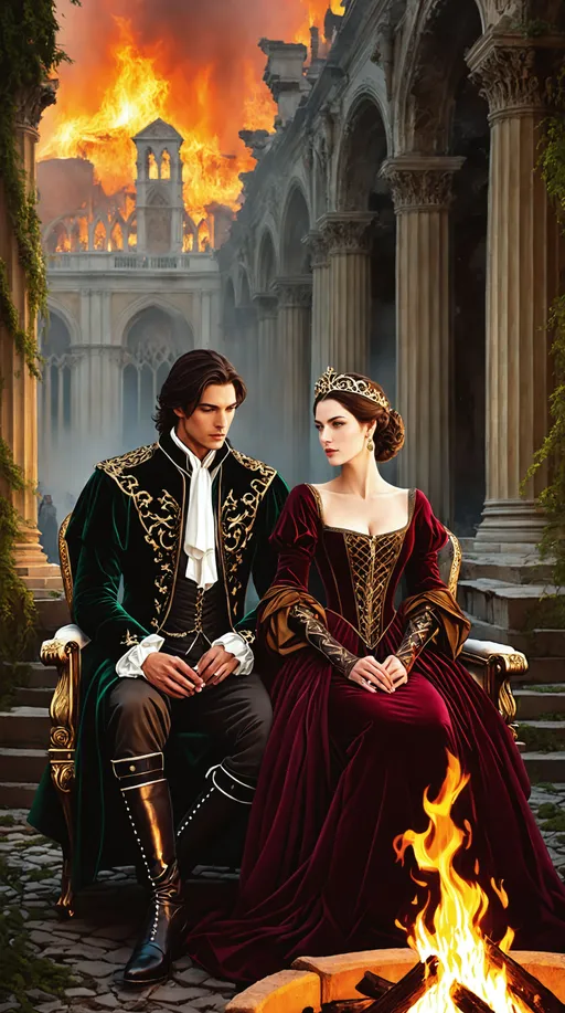 Prompt: ((Breathtaking Post-apocalyptic Renaissance painting)), outdoor twilight sky, couple dressed in the finery of the Renaissance era sits in front of a ((flickering camp fire)), The man in a doublet of deep burgundy velvet, ornately embroidered with golden threads, his breeches similarly adorned, soft leather boots. The woman of striking presence, wears a gown of luxurious emerald brocade, her bodice tightly laced and featuring voluminous slashed sleeves. Her hair is coiffed high upon her head, encircled by a gilded diadem. (sitting in opulent Savonarola chairs). Behind them, ((a burning city in ruins)), the remnants of a Renaissance city loom, overgrown apocalypse, creeping vines and moss, ((crumbling destroyed grand palazzos and burning cathedrals)), bygone era, structures display the patina of decay, shattered stained glass windows and crumbling facades, starkly contrasting the refined elegance of the couple's attire.