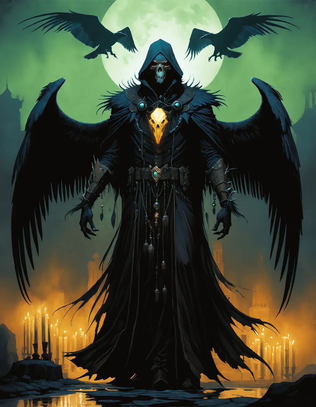 Prompt: anthropomorphic undead Vulture Necromancer, ((fine art masterpiece by Gerald Brom)), ((by Antonio J. Manzanedo)), ((by Brian Kesinger)), ((by John Atkinson Grimshaw)), ((breathtaking dramatic Chthonic Man)), ((dark foreboding fantasy portrait)), ((striking)), ((realistic character)), ((otherworldly digital painting)), ((invokes an emotional response)), ((riveting)), ((captivating)), ((glowing atmospheric hazy ambience)), full body, Eldritch being, beautiful macabre, fancy lighting, glowing in the haze, candles, Vulture skull mask.