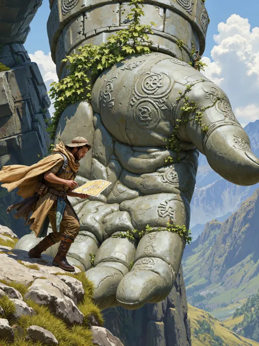 Prompt: A diminutive figure in weathered explorer's gear stands on the massive stone palm of an ancient golem. Their tattered cloak catches the wind as they study a glowing map that matches patterns carved into the golem's surface. Vines grow across parts of the golem's wrist and arm. The human's face shows awe mixed with scholarly focus. Distant mountains frame the scene, establishing the enormous scale of the stone being.