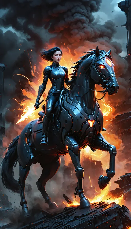 Prompt: Beautiful realistic Digital Painting attractive equestrian woman riding a ((dark robot horse)) character concept art, breathtaking masterpiece, falling cinders and ash, hellfire, static electricity, cyberpunk, machine city.