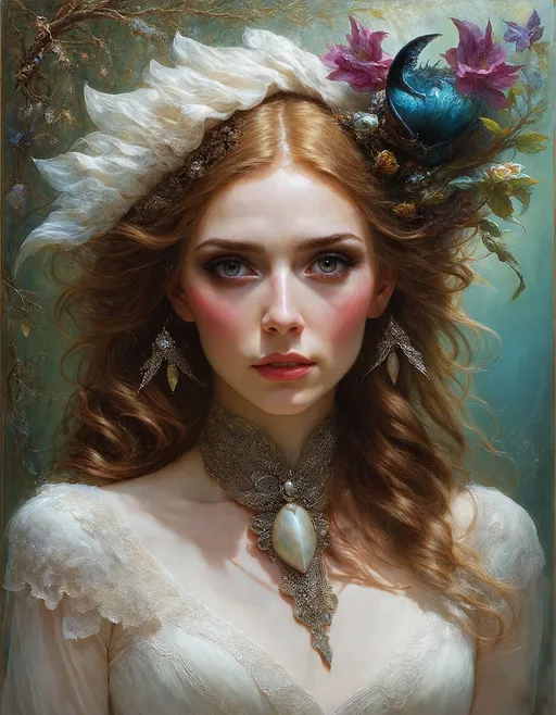 Prompt: Breathtaking close up fantasy portrait, Beautiful young woman, captivating, riveting, realistic character art, ((by Alexander Averin)), ((by Tom Bagshaw)), ((by John Anster Fitzgerald)), ((by H. R. Giger)), ((by Josephine Wall)), ((by Zdzislaw Beksinski)), ((by John Atkinson Grimshaw)).