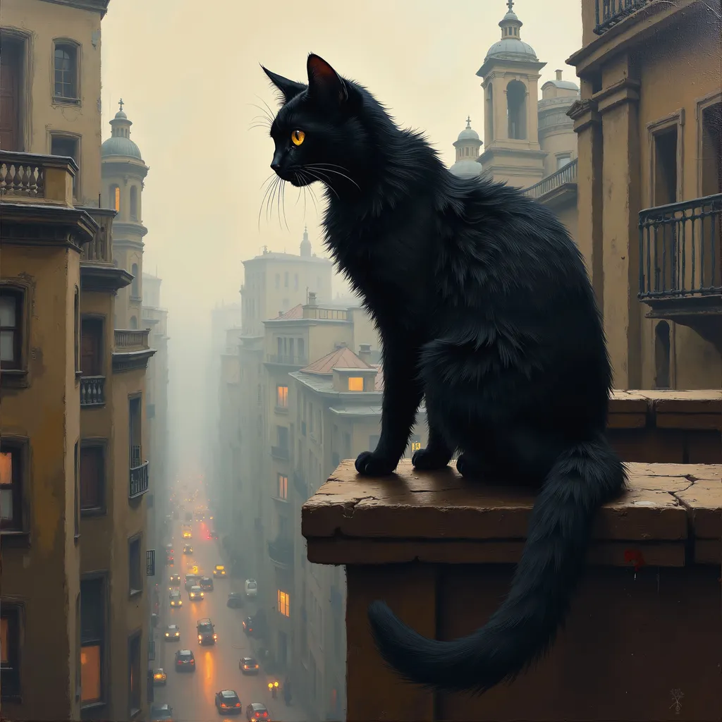 Prompt: black cat in fantasy noir feline concept splash art, exquisite fantasy oil painting masterpiece, breathtaking, perched atop railing with tail dangling over the edge, overlooking the street below, tall buildings, ancient architecture, dangerous heights.