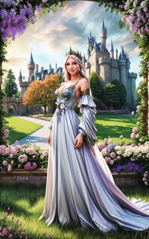 Prompt: breathtaking dnd Maiden fantasy character (concept art full body relaxed natural portrait in the castle garden in the background), ((foreground framing of flowers)), attractive Pinterest model beauty portrait, formal gown, strong positive eye contact, genuine smile.