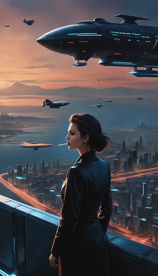 Prompt: ((realistic sci-fi Dark Fantasy Noir portrait)), ((breathtaking painted surreal fantasy)), ((hyper realistic painting)), good looks, natural, genuine, time traveler, woman smoking a cigarette, otherworldly hellscape, ethereal plane, epic cityscape, standing on a helipad, looking off into the distance, pondering, deep contemplation, flying cars, sunset, ocean view, airship, flying cars.