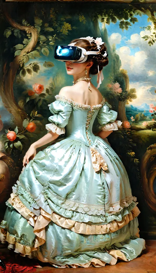 Prompt: Grand Manner Portrait Painting by Jean-Antoine Watteau, Fragonard, Vigée Le Brun, Victorian-Era woman playing in Virtual Reality, Rococo, Victorian Ball, Everyone is wearing Virtual Reality, Neoclassicism, close up, fancy formal dress, standing, full body.
