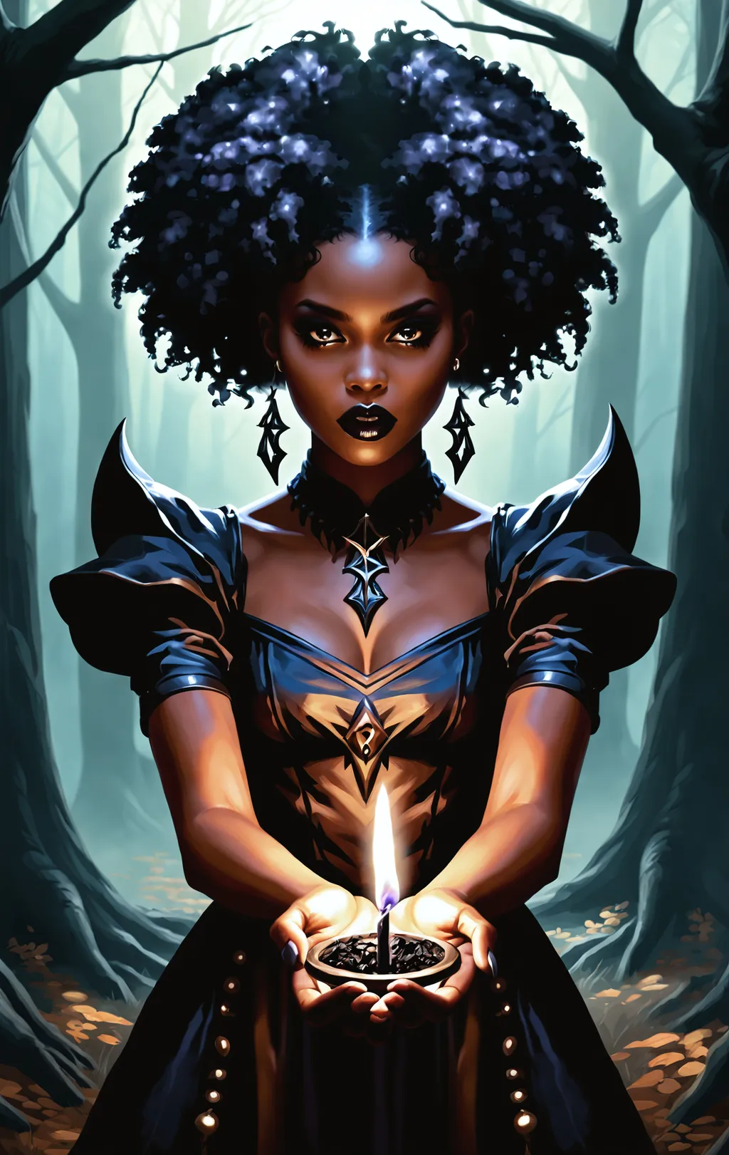 Prompt: 1girl, dark sorceress, necromancer, demonology, breathtaking, cinematic artwork, moody dark fantasy painting, atmospheric dark fantasy painting, highly detailed and realistic magic spell effects, outstretched fingers, young black African female mage character, (open lips:1.2), Demon summoning ritual in the forest, casting a stunning magic spell, young woman, realistic fantasy portrait, realistic fantasy character painting, fierce, fantasy portrait painting, hauntingly beautiful, beautiful macabre, short hair, pixie afro puff, emo eyeliner, goth lipstick, arms outstretched, (open palm:0.9).