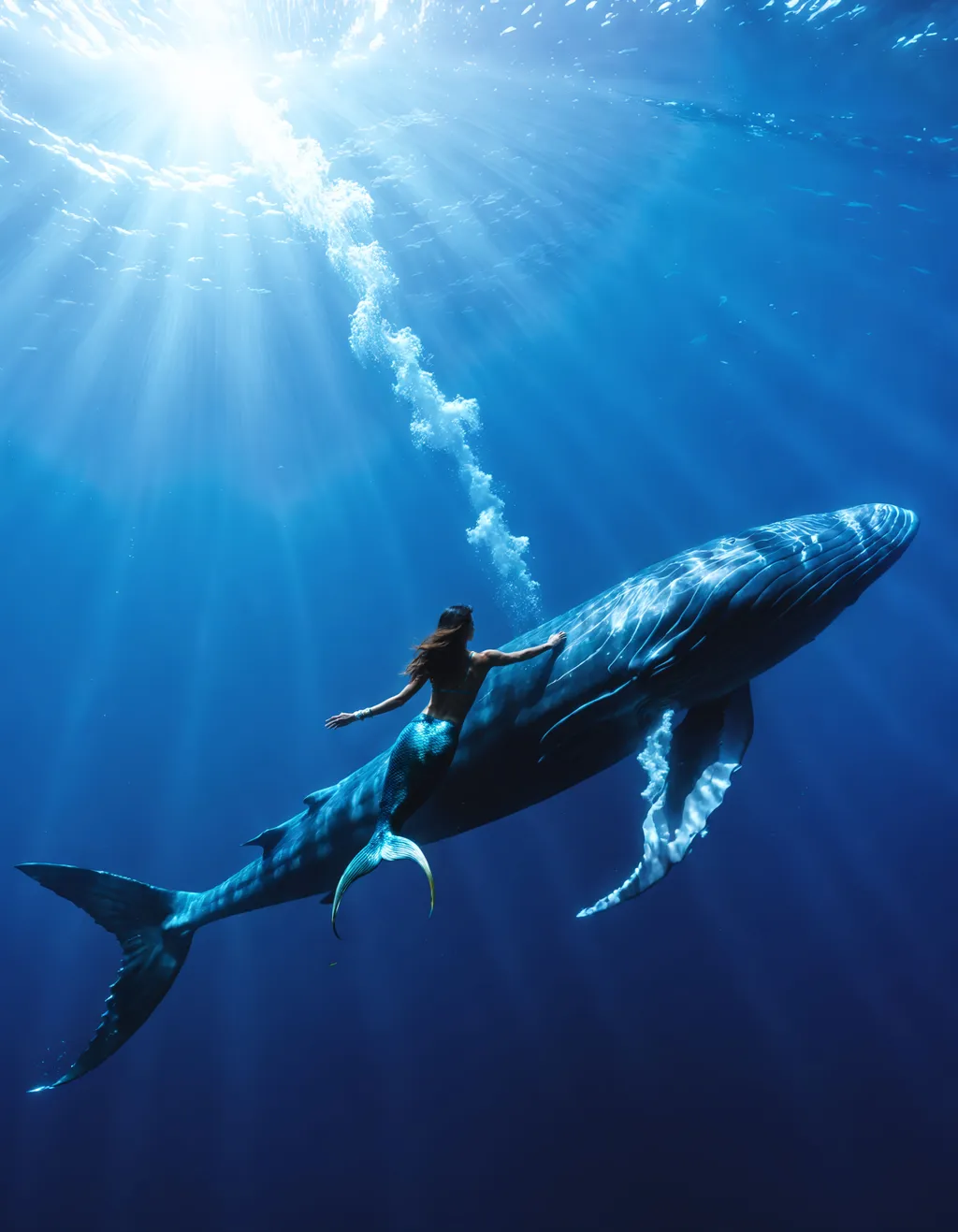 Prompt: ((beautiful)), ((otherworldly)), ((breathtaking)), ((striking)), ((stunning)), ((captivating)), ((epic)), ((riveting)), ((full body)), ((close up)), ((extreme beauty)), ((emotional)), ((exotic)), ((mermaid)), underwater, deep sea, (swimming next to a magnificent blue whale).