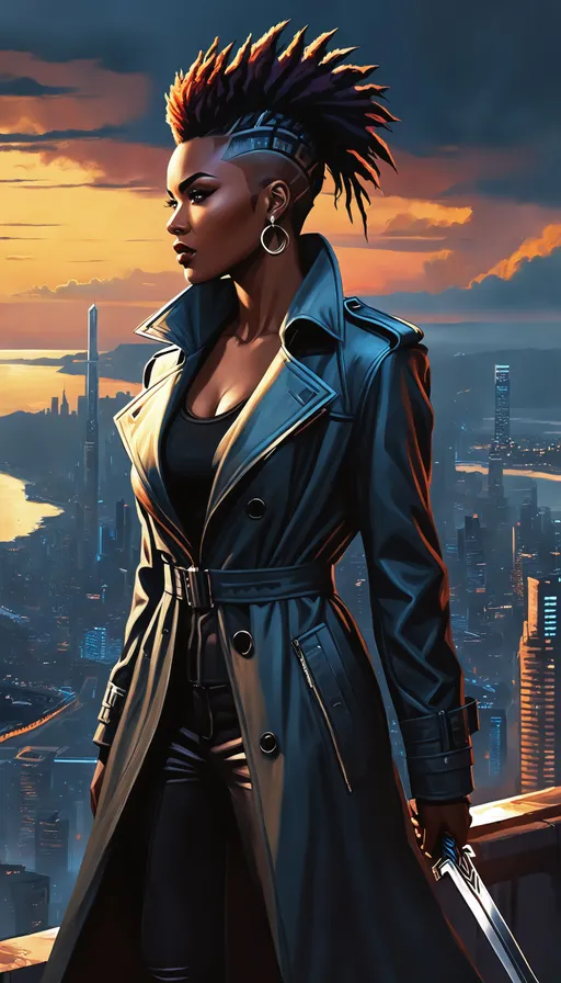 Prompt: ((realistic Dark Fantasy Noir portrait)), ((breathtaking painted surreal fantasy)), ((hyper realistic painting)), good looking live action anime character holding a cursed sword, female, natural, genuine, otherworldly, ethereal plane, epic cityscape, standing looking off into the distance, sunset, ocean view, wearing trench coat, crazy long mohawk, afropunk.