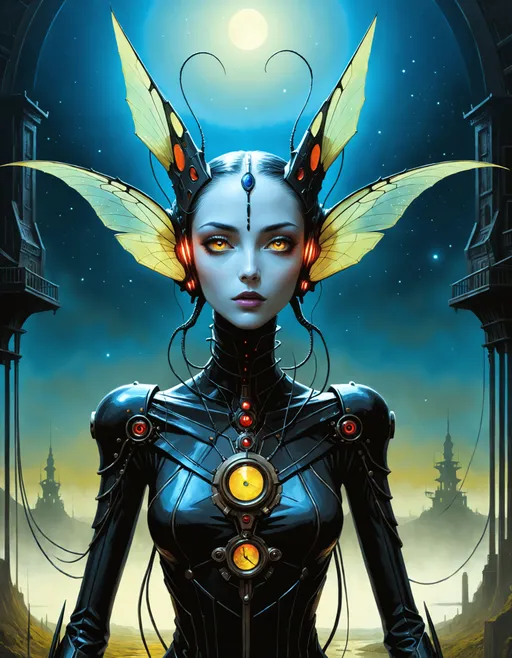 Prompt: beautiful Eldritch female Mantis mammal hybrid, feminine primate arachnid beauty, full lips, massive oversized eyes, dark reflective eyes, humanoid, bipedal, exoskeleton, ((elaborate spectacle)), ((cinematic fine art masterpiece)), ((by Chris Foss)), ((by Gerald Brom)), ((by Antonio J. Manzanedo)), ((by Brian Kesinger)), ((by John Atkinson Grimshaw)), ((breathtaking dramatic)), ((dark foreboding fantasy portrait)), ((striking)), ((otherworldly digital painting)), ((invokes an emotional response)), ((riveting)), ((captivating)).