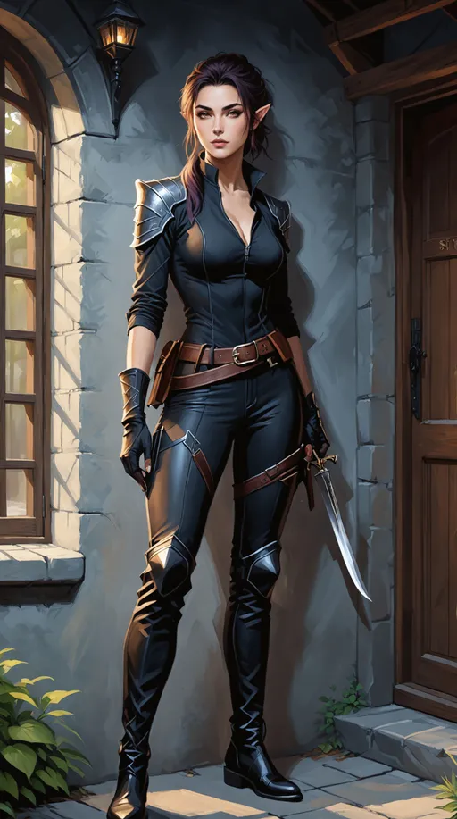 Prompt: ((breathtaking hyper realistic painting)), ((character concept art)), ((painted portrait)), half-elf female rogue, petite, young woman, stealthy dnd character, outside an inn, leaning against the wall, full body, tight black v bodysuit, built for stealth, hair up, ((dagger at her side)), blends in with the shadows, stealthy shoes, wearing all matte colors.