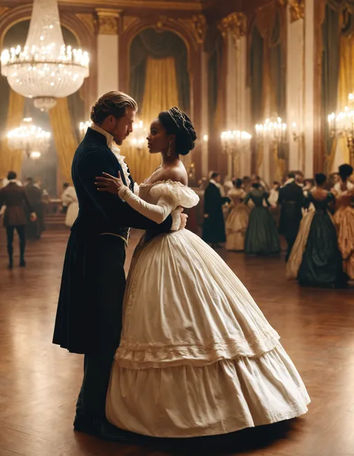 Prompt: cinematic high resolution photo portrait movie screencap 4k HD 1080p movie still, historical romance ((Interracial Couple)), Black Woman with (White man), wearing renaissance Victorian ball gown, slow dancing in Victorian ball room.
