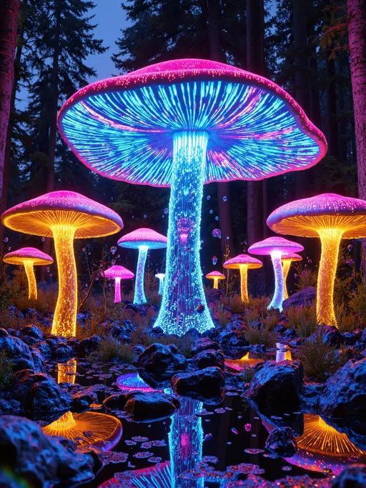 Prompt: A hyper-detailed portrait of a luminous mushroom forest rendered in glossy digital art. Massive holographic mushrooms dominate the scene with caps that shift between electric blue, magenta, and gold depending on viewing angle. Their semi-transparent stems contain flowing circuits of light. The forest floor is reflective black obsidian, creating perfect mirror images of the mushrooms. Tiny spores float through the air, each one a miniature prism scattering rainbow light. The entire scene is rendered in a high-contrast glossy finish with dramatic studio lighting that creates sharp highlights on the holographic surfaces. The composition has the polished look of premium digital poster art with rich color saturation and precise detail.