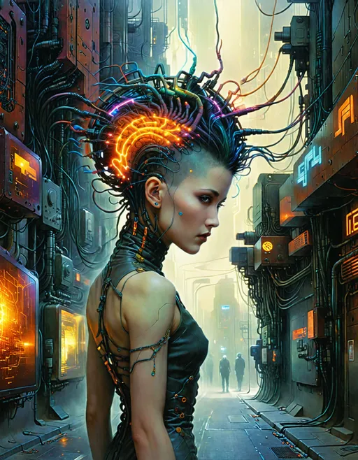 Prompt: strikingly attractive ((shaved head)) surreal ((distorted faded 1980's artwork)) female (full body) with a plugs in her head in the shape of a Mohawk ((standing on a dystopian street corner)), breathtaking masterpiece, feminine interdimensional eldritch being in machine city with many wires coming from her head, by Zdzislaw Beksinski, by Wayne Barlowe, by Dariusz Zawadzki, by Aleksi Briclot, by Antonio J. Manzanedo, by Peter Mohrbacher, by Jeremy Mann, (static electricity), (cyberpunk), (steampunk), (dieselpunk), ((colorful screens)), ((Neuromancer)), giant supercomputer brain interface, ((plugs plugged into to her head)), wires sending information directly to the brain.