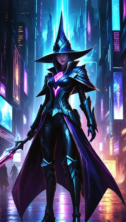 Prompt: Breathtaking fantasy portrait, beautiful female dark magician full body character concept art, Science fiction painting, breathtaking, dark magic, cyber witch, cyberpunk, city streets, 4k UHD Wallpaper, professional illustration.