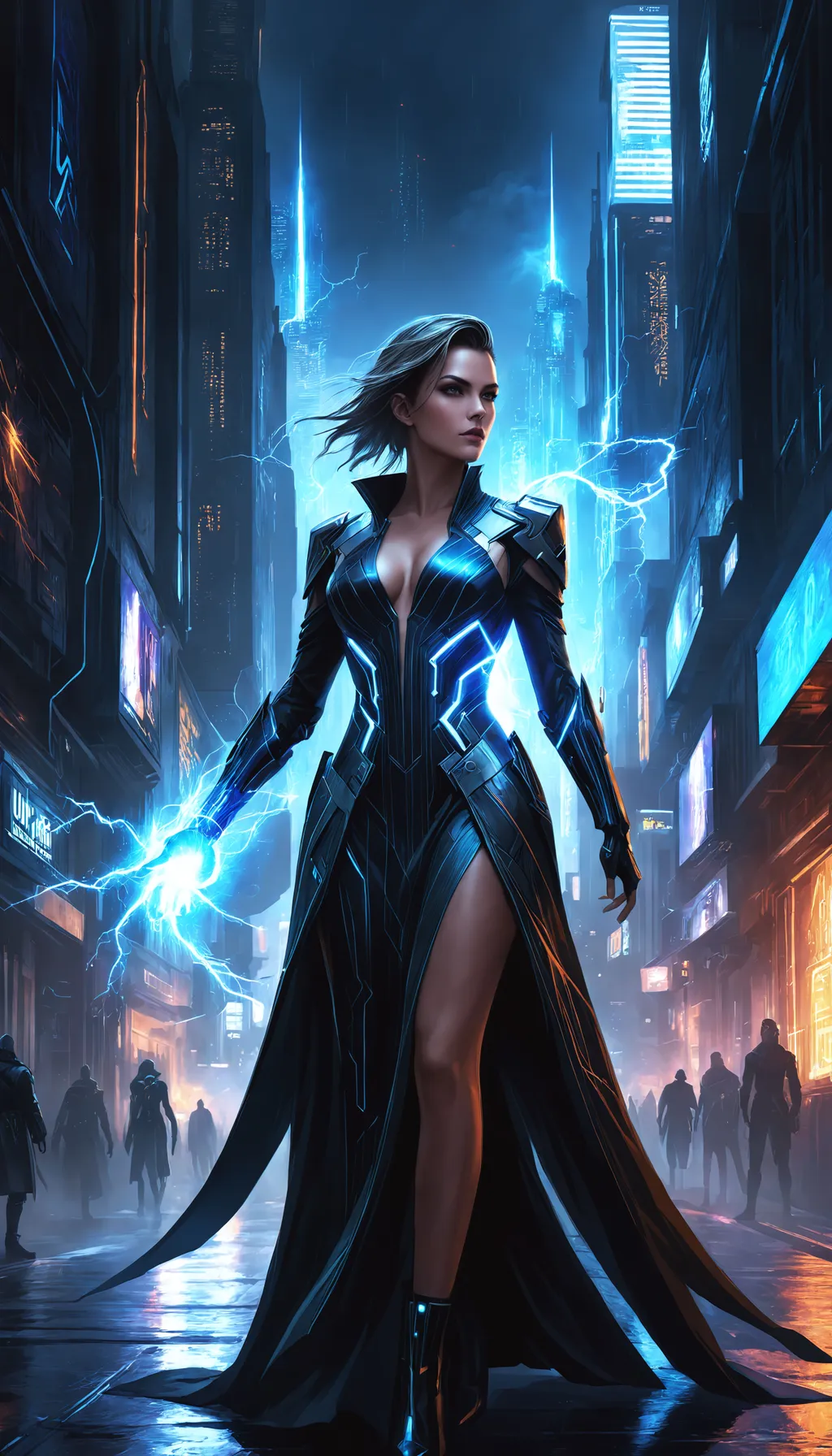 Prompt: Breathtaking fantasy portrait, female magic user full body character concept art, Science fiction painting, breathtaking, dark magic, cyberpunk, city streets, 4k UHD Wallpaper, professional illustration, static electricity, elegant gown.