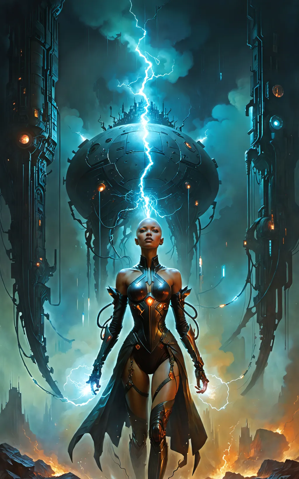 Prompt: Beautiful bald black female, breathtaking masterpiece, interdimensional eldritch being, by Zdzislaw Beksinski, by Wayne Barlowe, by Dariusz Zawadzki, by Aleksi Briclot, by Antonio J. Manzanedo, by Peter Mohrbacher, by Jeremy Mann, falling cinders and ash, hellfire, static electricity, cyberpunk, steampunk, dieselpunk.