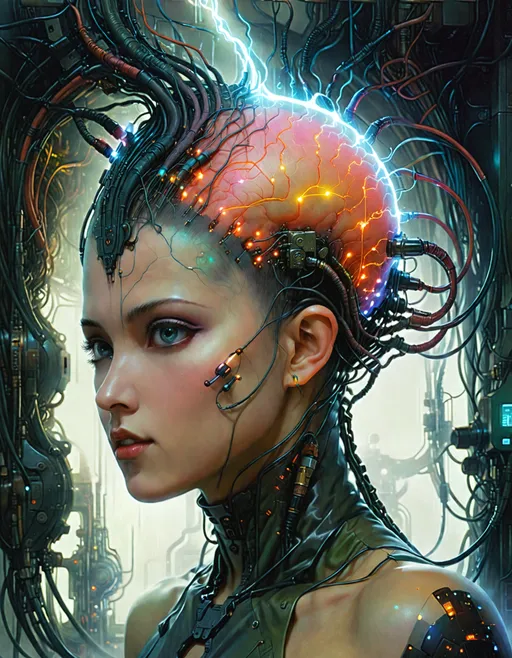 Prompt: strikingly attractive ((shaved head)) surreal ((distorted faded 1980's artwork)) female close up with a plugs in her head in the shape of a Mohawk, breathtaking masterpiece, feminine interdimensional eldritch being in machine city with many wires coming from her head, by Zdzislaw Beksinski, by Wayne Barlowe, by Dariusz Zawadzki, by Aleksi Briclot, by Antonio J. Manzanedo, by Peter Mohrbacher, by Jeremy Mann, (static electricity), (cyberpunk), (steampunk), (dieselpunk), ((colorful screens)), ((Neuromancer)), giant super brain super computer human brain interface, ((plugs plugged into to her head)), wires sending information directly to the brain.