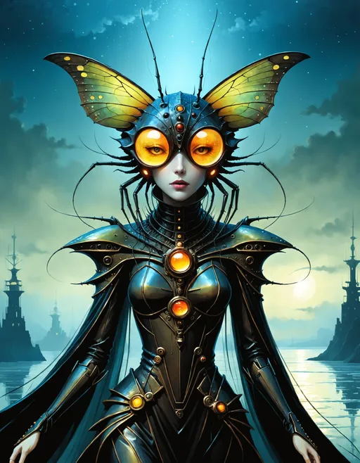 Prompt: beautiful Eldritch female Mantis mammal hybrid, feminine primate arachnid beauty, full lips, massive oversized eyes, dark reflective eyes, humanoid, bipedal, exoskeleton, ((elaborate spectacle)), ((cinematic fine art masterpiece)), ((by Chris Foss)), ((by Gerald Brom)), ((by Antonio J. Manzanedo)), ((by Brian Kesinger)), ((by John Atkinson Grimshaw)), ((breathtaking dramatic)), ((dark foreboding fantasy portrait)), ((striking)), ((otherworldly digital painting)), ((invokes an emotional response)), ((riveting)), ((captivating)).