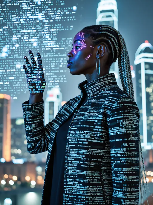 Prompt: A cybernetic oracle stands at the nexus of an algorithmic metropolis. Her right arm and side of her face display advanced biotechnology with circuits that pulse with ultraviolet light. Her left side remains human with silver-threaded braids. She wears a high-collared coat that transitions from fabric to digital information at its edges. Her eyes\u2014one organic, one a projection interface\u2014scan the city's patterns. She manipulates code in the air with precise hand movements as the geometric cityscape both responds to and emanates from her presence.
