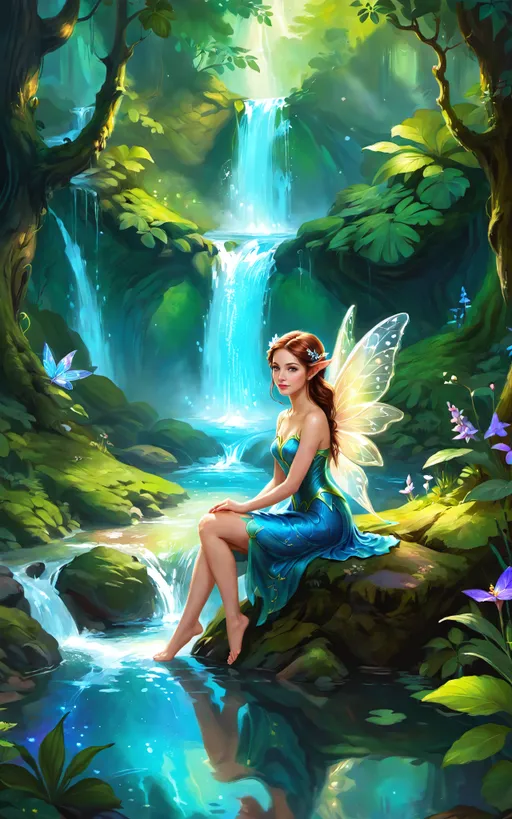 Prompt: Striking Full Body Digital Painting, Portrait of a beautiful fairy in a magic forest, sitting near a majestic stream.