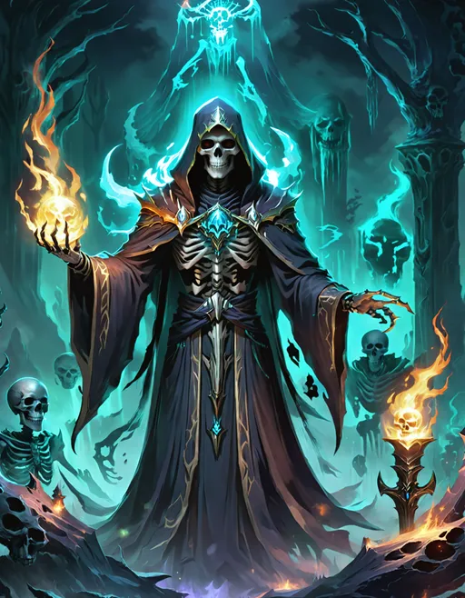 Prompt: sick character concept art, Lich necromancer and skeleton summons behind.