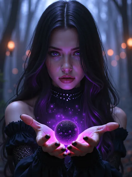 Prompt: breathtaking, realistic portrait, goth female fantasy character art, magical character artwork, dark fantasy painting, Dungeons & Dragons character, 4k wallpaper, hands outstretched palms holding black holes, casting a darkness spell, epic long flowy black hair, real purple eyes, freckles.