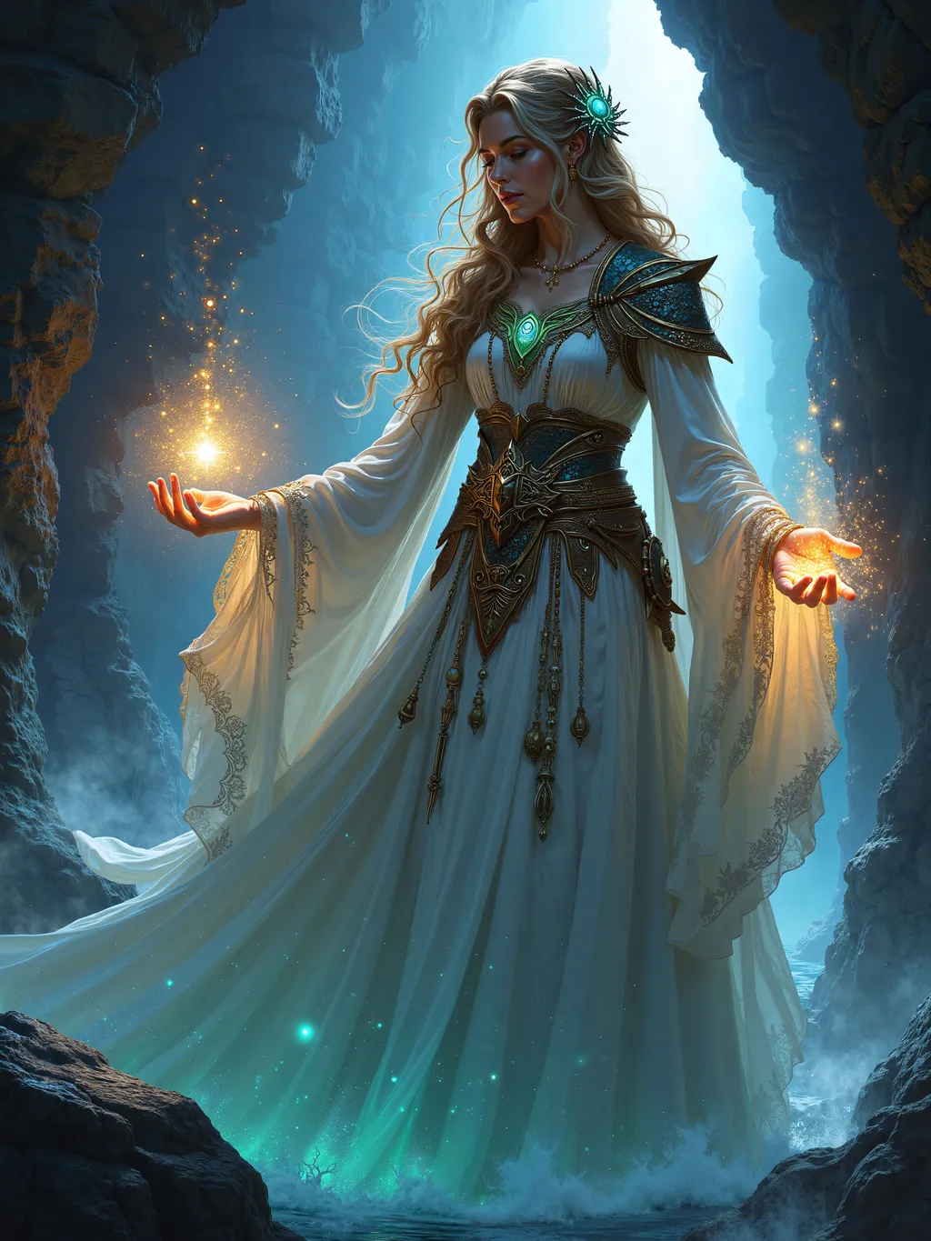 Prompt: breathtaking realistic fantasy Enchantress character artwork, dark fantasy painting, Dungeons & Dragons characters, 4k wallpaper, hands outstretched, enchanter casting a light spell, mage's magic robes, lighting the way, in dark catacombs, in the darkness.