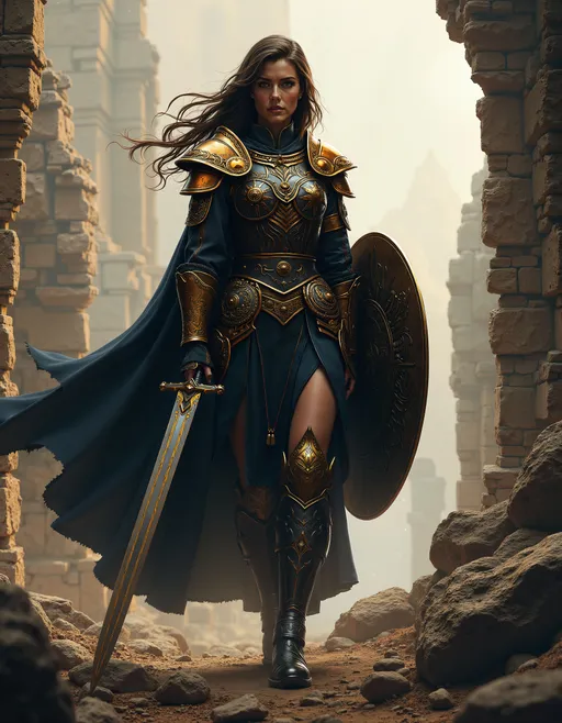 Prompt: stylized, dark fantasy, dark gritty masterpiece, realistic female character artwork, woman adventurer holding a sword and shield, standing atop crumbling ancient ruins, war torn battlefield, full body, standing, intricate Armor plating, gold, earth tones.