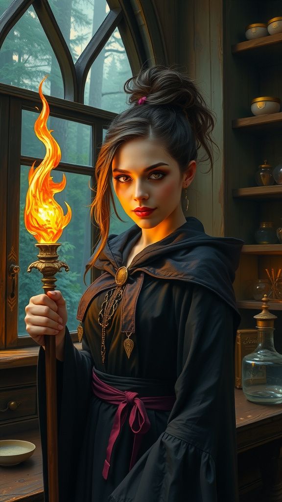 Prompt: dark fantasy oil painting, painted portrait of striking actress, distinct looks, unique, holding a powerful glowing staff of power, glowing with magical energy, sorceress apprentice in a mage tower with an elevated forest view out the window, mischievous smile, enchanting, magical robes, mage's workshop, alchemy apparatus.