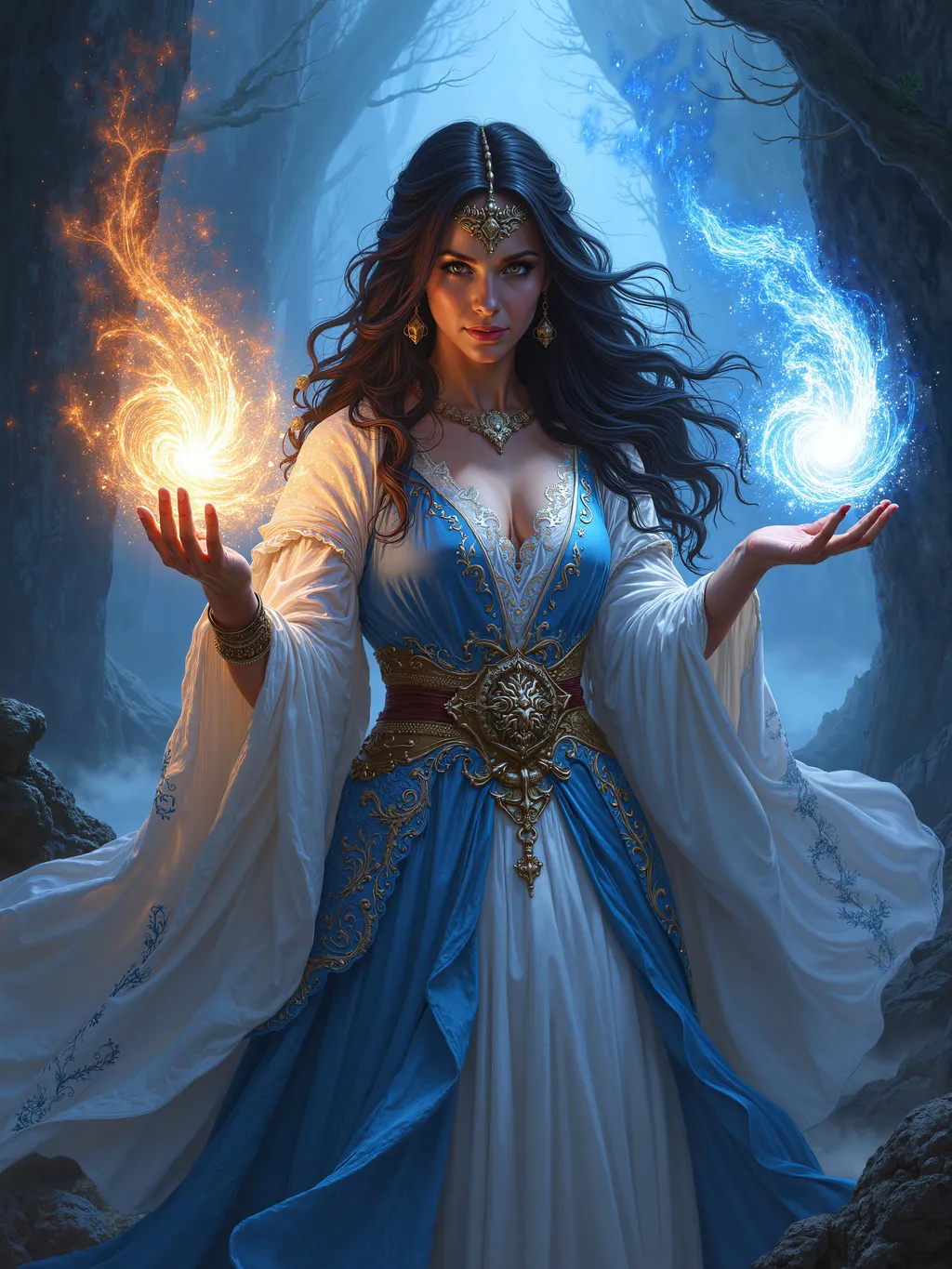 Prompt: breathtaking realistic fantasy Enchantress character artwork, dark fantasy painting, Dungeons & Dragons characters, 4k wallpaper, hands outstretched, enchanter casting a light spell, mage's magic robes.