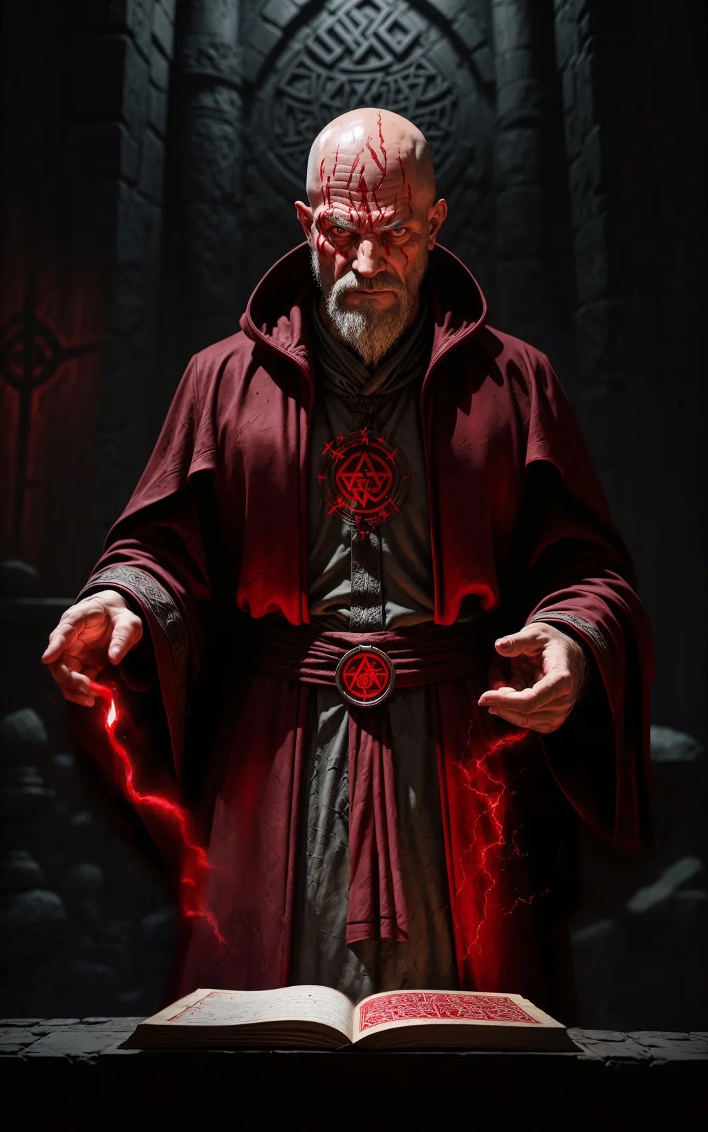 Prompt: (bald shaved head) grizzled ((red wizard)) with ((runes on his head)) ((Aznar Thrul)) Zulkir of Evocation from Forgotten Realms (full-body character concept art), sharp nose, stern look, wrinkled expression, weathered and rugged, wise mage by ((Bastien L. Deharme and Antonio J. Manzanedo)), dark, ((flowing red robes made of a heavy coarse fabric)), robes adorned with intricate arcane symbols in fiery red thread, leather belt, on his left hand a silver ring set with a blood-red stone. in a dimly lit, stone chamber, surrounded by shelves filled with ancient tomes and mysterious artifacts, flickering candles and a few magical lights, casting eerie shadows on the walls, In the center of the room a large, stone table covered in maps and diagrams, an open book with arcane writing, in the middle of casting a spell, his right hand raised, fingers curled into a complex gesture. Sparks of red magic swirl around his hand as he calls forth his dark powers.