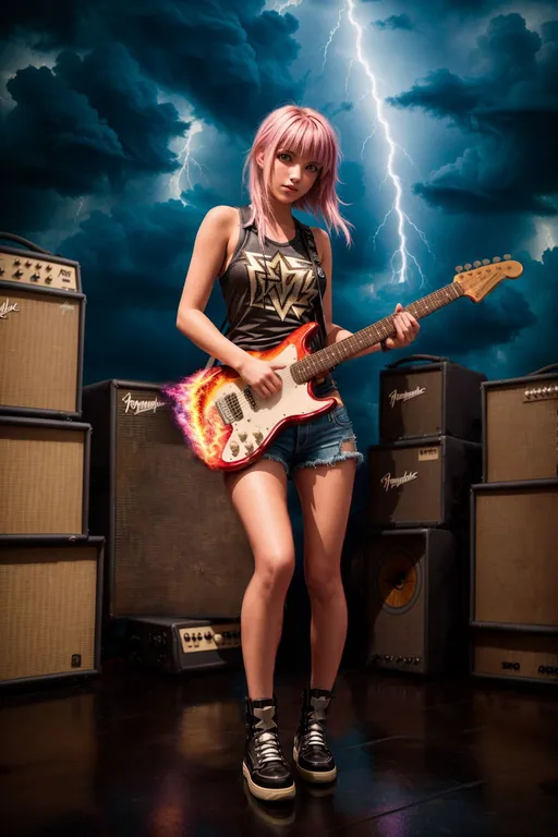 Prompt: ((1girl full-body edgy alternative emo rocker standing on stage playing with amp in the corner during raging storm with lightning strikes)) (wearing distressed denim short-shorts and tank-top), ((high-quality)), ((high-detail)).<lora:epiNoiseoffset_v2:1><lora:add_detail:1>