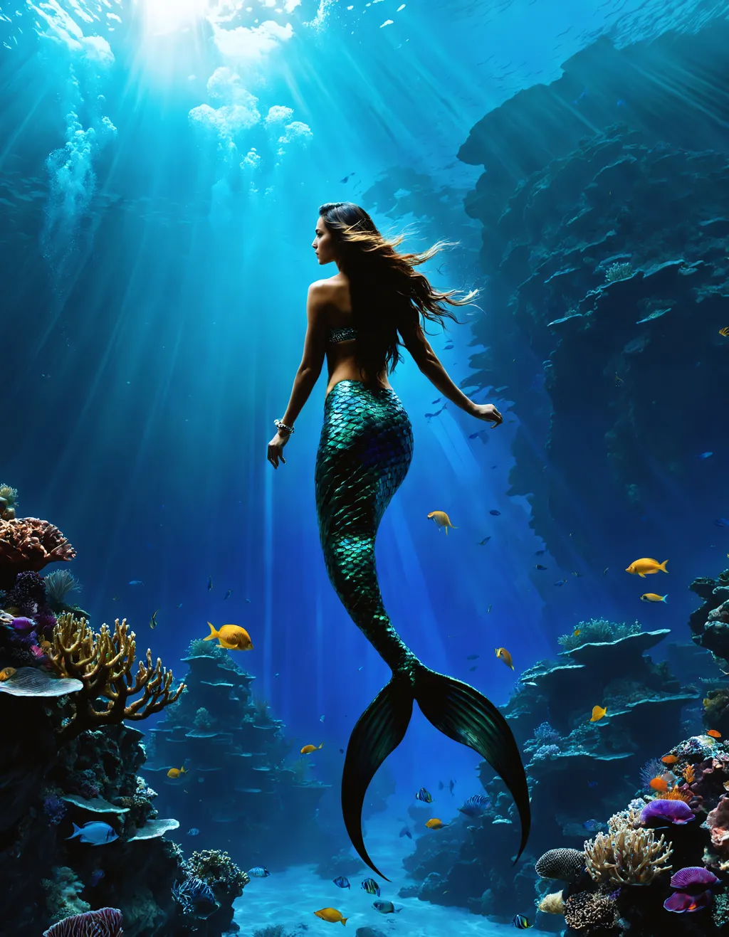 Prompt: ((beautiful)), ((otherworldly)), ((breathtaking)), ((striking)), ((stunning)), ((captivating)), ((epic)), ((riveting)), ((full body)), ((close up)), ((extreme beauty)), ((emotional)), ((exotic)), ((mermaid)), underwater, deep sea.